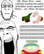 2soyjaks cartoon eric_cartman family_guy glasses hypocrite meta:tagme neutral open_mouth peter_griffin south_park subvariant:neutralplier variant:cobson variant:markiplier_soyjak // 738x908 // 539.2KB