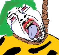 bloodshot_eyes caveman clothes crying dead glasses green_hair hair hanging mustache open_mouth rope soyjak stubble suicide tongue variant:bernd // 768x719 // 442.5KB