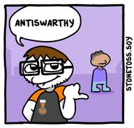antiswarthy_(namefag) artist:stonetoss award black_skin brown_hair dan embedded_amogus glasses meta:namefags pointing speech_bubble stonetoss stubble toss variant:unknown // 521x499 // 107.0KB