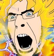 angry anime aryan blue_eyes clothes dragon_ball dragon_ball_z glasses hair lightning open_mouth son_goku soyjak stubble super_saiyan variant:cobson white_skin yellow_hair // 676x707 // 407.3KB