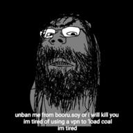 angry black_background clenched_teeth frown glasses grey_skin hair hairy long_hair meta proxy soybooru soyjak stubble text unibrow variant:gapejak // 1400x1400 // 326.6KB