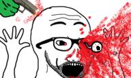blood eye eyeball glasses gore green_skin gun hand hands_up murder nsfl open_mouth pistol soyjak stubble variant:excited_soyjak // 403x242 // 23.1KB