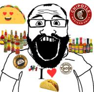 beard chile chipolte clothes emoticon flag flag:chile flag:mexico food glasses hair happy heart hot_sauce i_heart mexico open_mouth soyjak subvariant:science_lover taco teeth text variant:markiplier_soyjak // 800x789 // 436.8KB