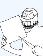 asian full_body glasses half_open_mouth holding_object knife sign soyjak stubble teeth template variant:soykio_kid // 989x1293 // 18.4KB