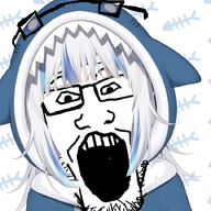 anime clothes female gawr_gura glasses hair hololive hood hoodie open_mouth shark soyjak stubble variant:markiplier_soyjak vtuber white_hair // 720x720 // 539.2KB