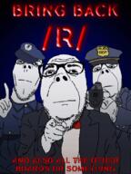 3soyjaks arm bowtie clothes coaltent_cop glasses gun hair hand holding_gun holding_object multiple_soyjaks pointing pointing_at_viewer pointing_up police police_hat propaganda r_(soyjak_party) soyjak stubble suit swastika text uniform variant:dubbbzjak // 600x800 // 157.8KB