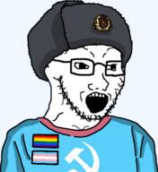 blue_shirt clothes communism flag:lgbt_pride_flag flag:transgender_pride_flag glasses hammer_and_sickle hat imgflip.com ms_memer_group open_mouth soyjak stubble tranny variant:soyak // 493x538 // 72.9KB