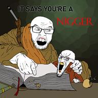 2soyjaks anger_mark angry book classical_art_parody crying drawn_background food fruit glasses hand looking_to_the_left looking_to_the_right nigger open_mouth pointing stubble text variant:cryboy_soyjak variant:feraljak variant:soyak yellow_teeth // 1500x1500 // 364.2KB