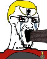 badge bbc bloodshot_eyes clothes crying glasses hair large_eyebrows meta:pornographic_content meta:tagme nate open_mouth queen_of_spades soyjak soyjak_party stretched_mouth stubble text variant:soyak yellow_eyebrows yellow_hair // 785x1000 // 444.0KB