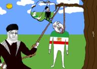5soyjaks beard bloodshot_eyes execution flag:iran_(1964) glasses hanging holding_object holding_rope iran lion_and_sun lynching meta:tagme mullah pahlavi persian rope tongue tree variant:bernd variant:chudjak // 2100x1500 // 1023.9KB