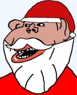 beard black_sclera christmas clothes ear glasses hat lips mustache mutt open_mouth santa santa_hat soyjak subvariant:impish_amerimutt variant:impish_soyak_ears white_hair // 599x734 // 56.3KB