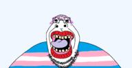 angry beard big_lips flag:transgender_pride_flag glasses hippopotamus lipstick purple_hair soyjak tongue_out tranny variant:hippojak yellow_teeth // 2326x1211 // 68.6KB