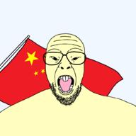 asian beard buck_teeth china clothes flag flag:china glasses looking_at_you narrow_eyes open_mouth soyjak variant:patriotjak yellow_teeth // 1023x1023 // 41.8KB
