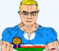 arm award blue_eyes buff christianity closed_mouth clothes eastern_orthodox eyes_like_the_o-o-cean flag flag:russia flag:sakha glasses hair orthodox_cross russia sakha soyjak subvariant:chudjak_front subvariant:muscular_chud text transparent transparent_background tshirt variant:chudjak vein yellow_hair // 1059x929 // 65.0KB
