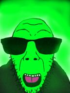 central_intelligence_agency glasses glowing green_background green_skin open_mouth soyjak stubble subvariant:dykeson sunglasses trend:glowie variant:dylanjak // 960x1280 // 1.4MB