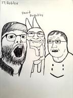 2soyjaks arm art beard black_and_white bunny_ears cap carrying clothes concerned david_baszucki drawfag drawing glasses gubby hair hand hat ink jacket leather_jacket leg meta:soytober meta:soytober2025 open_mouth r rabbit roblox ruben_sim schlep smile smiley_face stubble text tshirt variant:buckteeth_soyjak variant:rotjak youtube youtuber // 3000x4000 // 10.3MB