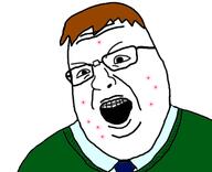 acne angry braces brown_hair clothes glasses hair necktie nerd open_mouth soyjak variant:shotjak // 417x339 // 47.7KB