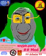 4chan admin badge communism discord flag glasses green_hair greentext grey_skin hair hammer_and_sickle heart i_love janny klaus_schwab makeup nazism smile smug soyjak soyjak_party stubble swastika text variant:alicia world_economic_forum // 592x720 // 87.2KB