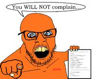 arm crazed eyebrows fingers hand holding_object jubille_(user) light_blue_eyes looking_at_you meta:soybooru_admin_seca open_mouth orange_skin paper pointing pointing_at_viewer showing_something speech_bubble stubble text variant:feraljak wordswordswords yellow_nails yellow_teeth you_will // 1752x1500 // 113.8KB