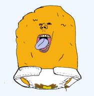 bloodshot_eyes chicken_nugget diaper gegagedigedagedago looking_up max_design_pro max_design_pro_nugget no_glasses nugger nugget open_mouth poop soyjak subvariant:pissbaby tongue transparent transparent_background variant:impish_soyak_ears yellow_teeth // 1244x1273 // 186.5KB