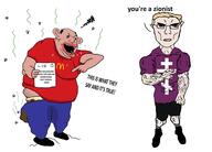 amerimutt arm blond blue_eyes buff byzantine clothes communism ear full_body hammer_and_sickle hand mutt orthodox_cross paper shoe star_of_david subvariant:chudjak_front subvariant:unbotheredchud text variant:chudjak vein yellow_hair zionist // 1880x1352 // 456.3KB