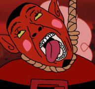 beard cartoon cheeks clothes demon goatee hair hanging him_(character) open_mouth pink_hair pointy_ears powerpuff_girls red_skin rope soyjak suicide tongue variant:bernd // 768x719 // 68.9KB