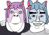 2soyjaks animal blue_hair cat closed_mouth clothes furry grin hair hand masunya_(vkontakte) purple_hair sima_(vkontakte) smile soyjak subvariant:chudjak_front variant:bernd variant:chudjak vkontakte vkontakte_stickers // 1262x899 // 85.6KB