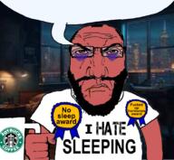 angry award badge bags_under_eyes balding bed bedroom clothes glasses holding_object i_hate lamp night nighttime purple_skin red_skin rosette sleep speech_bubble starbucks starbucks_coffee starbucks_logo subvariant:science_lover transparent transparent_background tshirt variant:markiplier_soyjak // 1017x935 // 807.5KB