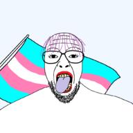 beard clothes flag flag:transgender_pride_flag glasses hair lipstick looking_at_you open_mouth purple_hair soyjak tongue tranny troon variant:patriotjak yellow_teeth // 1023x1023 // 25.3KB