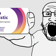 arm autism card clothes glasses hand holding_object open_mouth soyjak stubble text tshirt variant:markiplier_soyjak // 1161x786 // 434.6KB