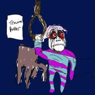 blood chair clenched_teeth closed_mouth creepy creepypasta friday_night_funkin full_body hair hanging mustache noose pink_hair redraw rope sad soyjak squidwards_suicide stubble text tranny variant:bernd // 3000x3000 // 1.2MB