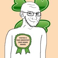 4chan award badge closed_mouth ear glasses smile smug stubble text variant:soyak // 600x600 // 86.9KB