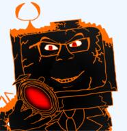 black_skin broken glasses hand holding_object open_mouth orange_eyebrows orange_mustache red_eyes skibidi_toilet smile soyjak tv_head tvman variant:feraljak // 851x877 // 464.0KB