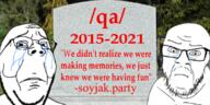 2soyjaks closed_mouth crying glasses gravestone irl_background meta:banner mustache qa_(4chan) soyjak soyjak_party stubble text variant:feraljak variant:gapejak // 300x150 // 99.6KB