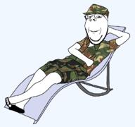 beer camouflage chair closed_mouth clothes glasses holding_bottle holding_object looking_at_you meta:self_insert relaxing rhodesian_brushstroke sandals shorts smile stubble subvariant:wholesome_soyjak user:comprehensiblewoahjack variant:gapejak // 1137x1068 // 185.4KB