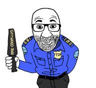 badge closed_mouth clothes glasses goy hand holding_object looking_at_you smile soyjak stubble text transportation_security_administration uniform variant:el_perro_rabioso variant:feraljak white_background // 1122x1023 // 56.0KB