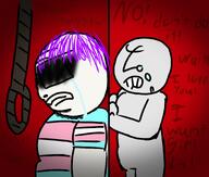 cringe crying drawfag fat girl oc purple_hair rope sad ship soyjak suicide tranny trans transgender_flag troonella variant:unknown // 1642x1394 // 1.1MB