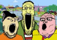 3soyjaks clothes cul_de_sac ed_edd_n_eddy glasses hair hat open_mouth soyjak stubble trend:soyjak_trio variant:gapejak variant:markiplier_soyjak variant:tony_soprano_soyjak white_skin yellow_skin // 1596x1128 // 811.0KB
