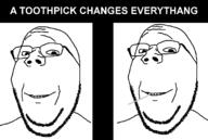 glasses meme smile soyjak stubble subvariant:wholesome_soyjak text toothpick variant:gapejak // 1369x918 // 28.2KB