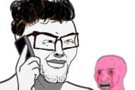 biz_(4chan) bogdanoff ear glasses hair hand holding_object phone pink_skin smug soyjak stubble variant:nujak variant:wojak // 1505x1001 // 565.6KB