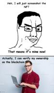glasses hair irl nft smile smug soyjak text variant:chudjak // 1024x1748 // 521.8KB