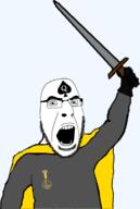 arm badge bbc cape clothes glasses hand holding_object holding_sword knight open_mouth queen_of_spades soot soot_colors soyjak soyjak_party stubble sword tattoo variant:cobson weapon // 1200x1787 // 330.3KB