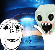2soyjaks alien cloud deformed gem glasses green_skin irl_background mustache open_mouth soyjak stubble subvariant:emmanuel subvariant:wholesome_soyjak ufo variant:gapejak variant:soyak variant:two_pointing_soyjaks x_(4chan) // 725x662 // 350.0KB
