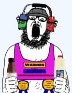 arm award body_hair bra clothes drinking drinking_helmet drinking_straw eggnog fist glasses hair hand hat holding_object mustache open_mouth soy soyjak soylent sproke stubble text variant:ignatius warning // 576x743 // 87.1KB