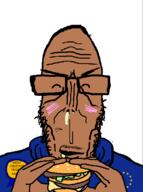 award beard big_mac blushing brown_skin european european_union flag flag:european_union glasses half_open_mouth hand happy most_obsessed_faggot_award mutt red_eyes shitskin star_(symbol) subvariant:euromutt sweater variant:markiplier_soyjak // 594x797 // 78.2KB