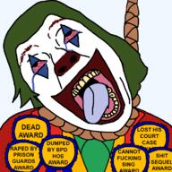 ACK! accessory ack award bloodshot_eyes bpd clothes clown clown_nose court crying dc dc_comics dead green_hair hair hanging harley_quinn joker joker_(2019) joker_(dc) joker_folie_a_deux makeup movie open_mouth posted_it_again_award rape ribbon rope sex singing soyjak stubble suicide suit text variant:bernd whore zoot // 771x773 // 54.5KB