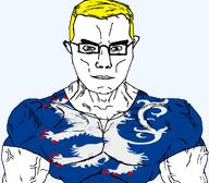 animal arm blue_eyes buff closed_mouth clothes country county ear flag flag:halland glasses hair halland lion soyjak subvariant:chudjak_front subvariant:muscular_chud sweden tongue transparent_background trend:aryan tshirt variant:chudjak vein yellow_hair // 1059x929 // 142.6KB