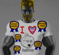 aryan award blue_eyes buff clothes eyes_like_the_o-o-cean gigachad irl logo looking_at_you onion soybooru transgender_flag transheart variant:soyak yellow_beard yellow_hair // 1080x1021 // 489.6KB