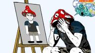 Soyjak_forum artist artist:xiuhcoyotl brown_hair buff frank full_body gem gem_alert hair mascot mushroom painting shroom sitting thought_bubble variant:ppp variant:soyak // 1488x840 // 416.1KB