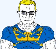 arm arrow blue_eyes british buff closed_mouth clothes crown ear england eyes_like_the_o-o-cean flag flag:suffolk glasses hair soyjak subvariant:chudjak_front subvariant:muscular_chud suffolk trend:aryan tshirt united_kingdom variant:chudjak vein yellow_hair // 1059x929 // 167.6KB